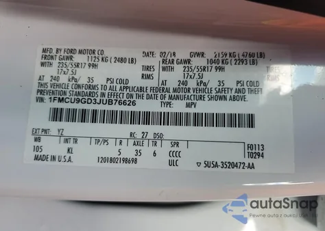 2018 Ford Escape Se z USA, uszkodzony, nr VIN 1FMCU9GD3JUB76626